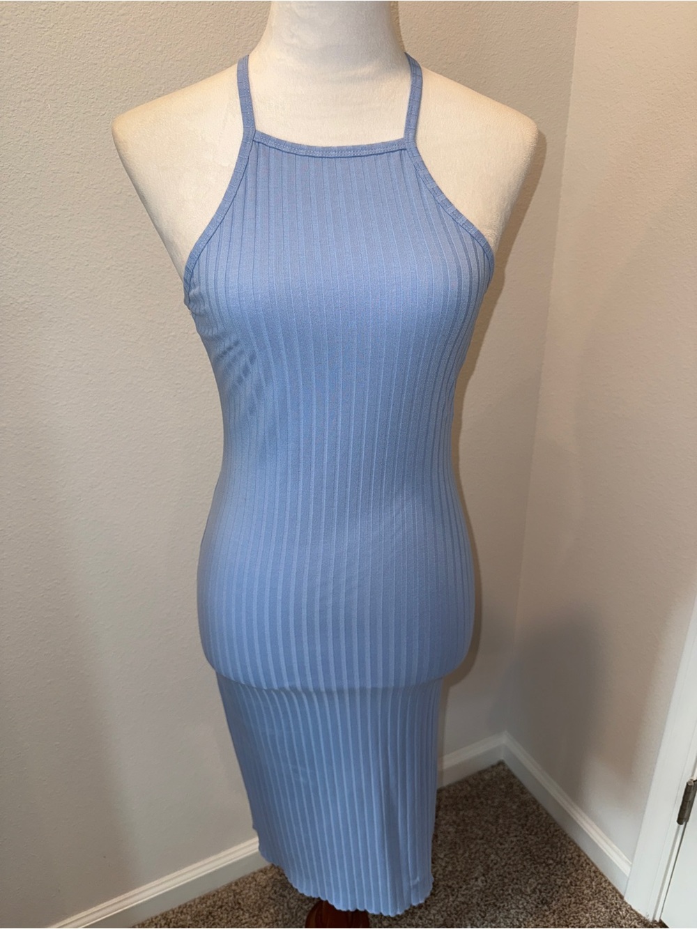 Forever 21 Women's Blue Ribbed Knit Halter Backless Bodycon Midi Dress S